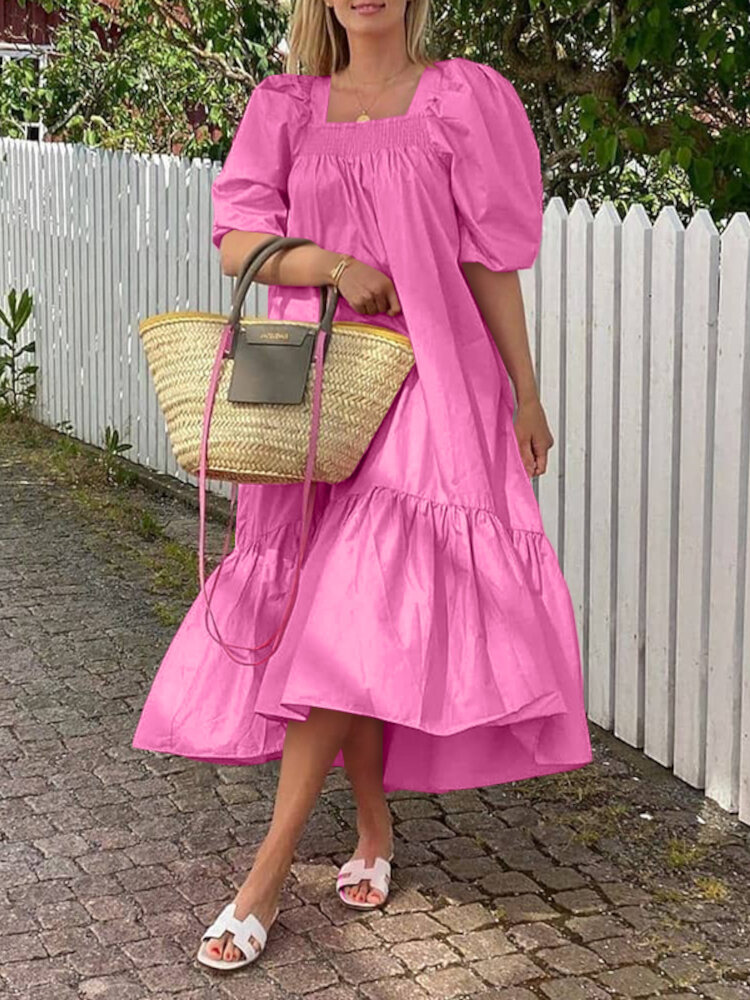 Square Neck Solid Color Puff Sleeve Ruffles Hem Casual Maxi Dress For Women