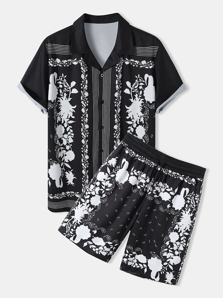 

Mens Casual Baroque Paisley Flower Print Black Revere Collar Shirts Shorts