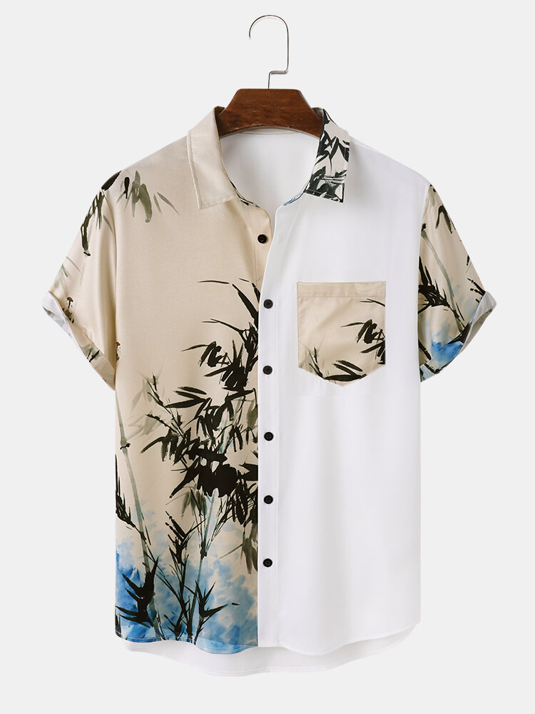 Inkt bamboe print patchwork overhemden met korte mouwen voor heren