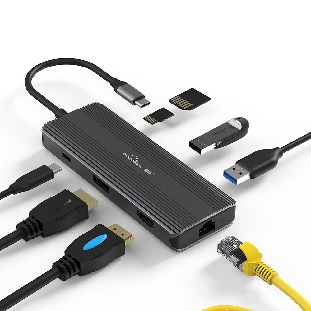 

Blueendless 8-in-1 Type-C Док-станция USB-C Hub DP HDMI-совместимый USB3.0 RJ45 Адаптер TF SD Card Reader Converter HD80