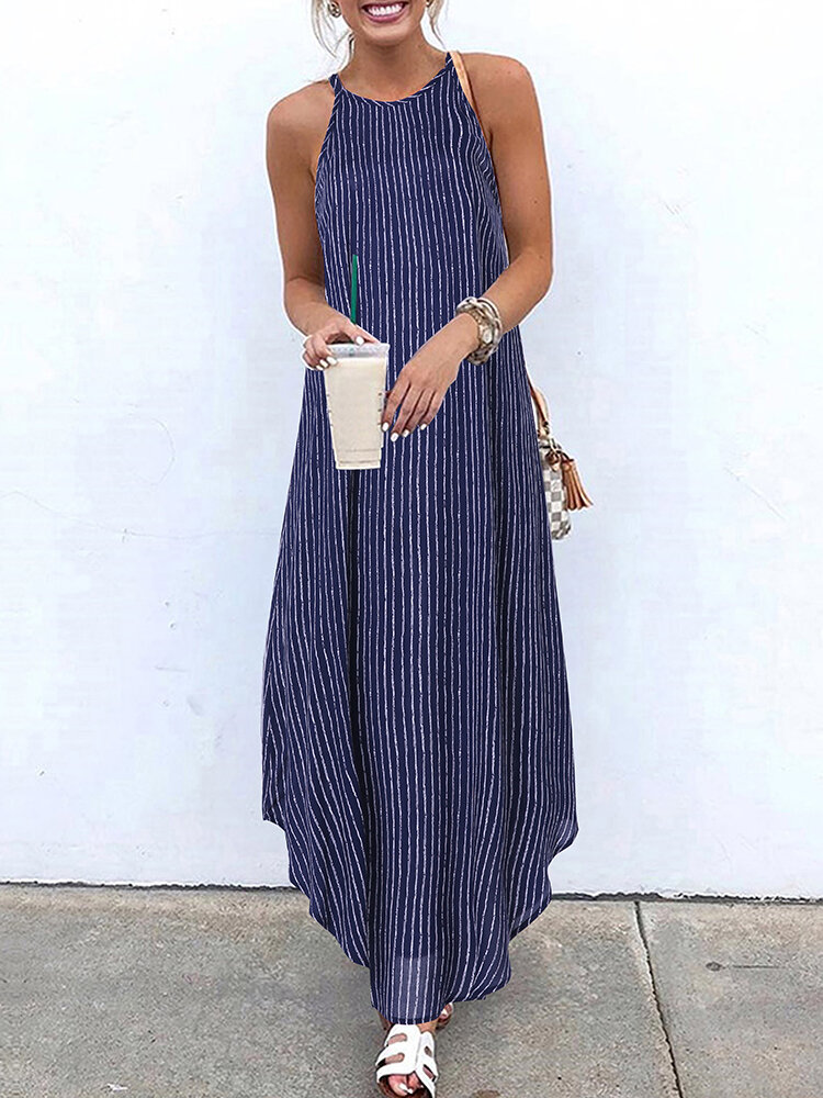 Women Casual Striped Strappy High Low Long Maxi Dress