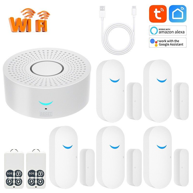 WiFi Door Alarm System Wireless DIY Smart Home Security System with Phone APP AlertWork with Alexa and Google