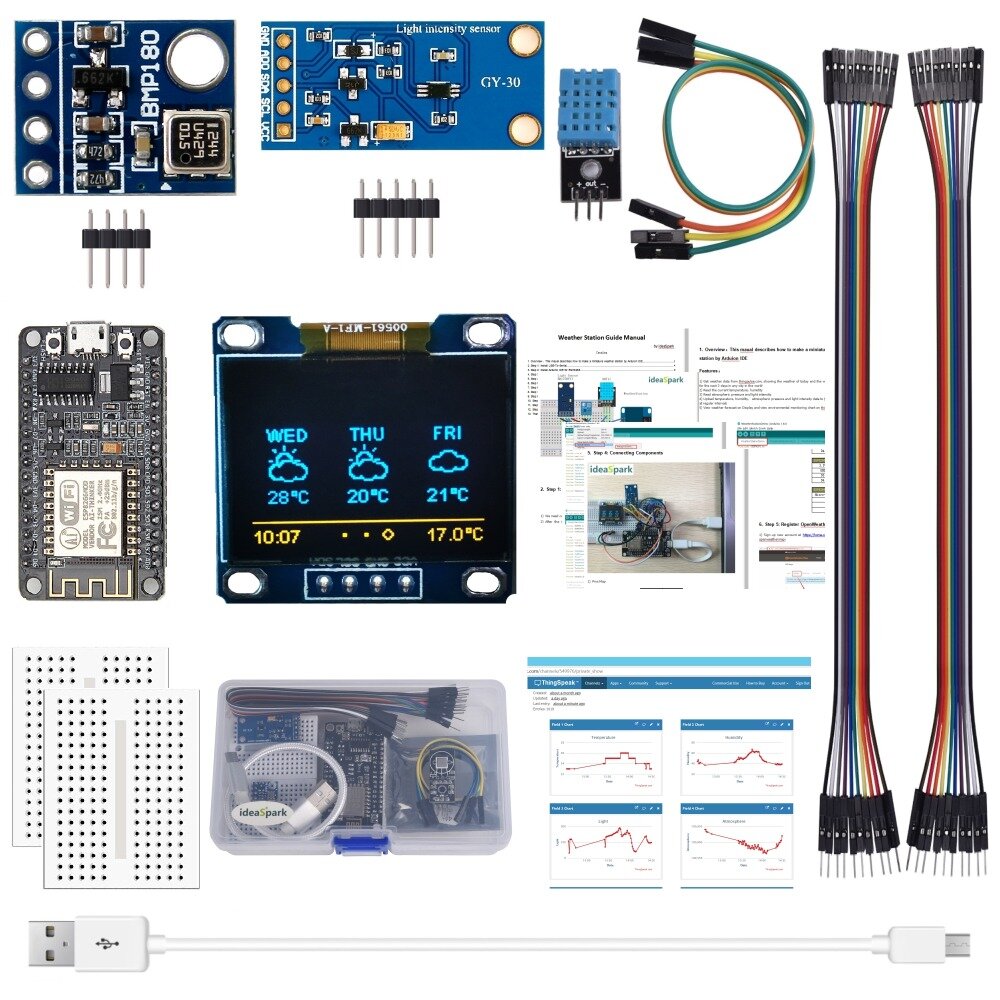 AOQDQDQD® ESP8266 مجموعة محطة الطقس مع درجة حرارة الرطوبة والجو الضغط ضوء المستشعر 0.96 عرض لـ Arduino IDE IoT Starter