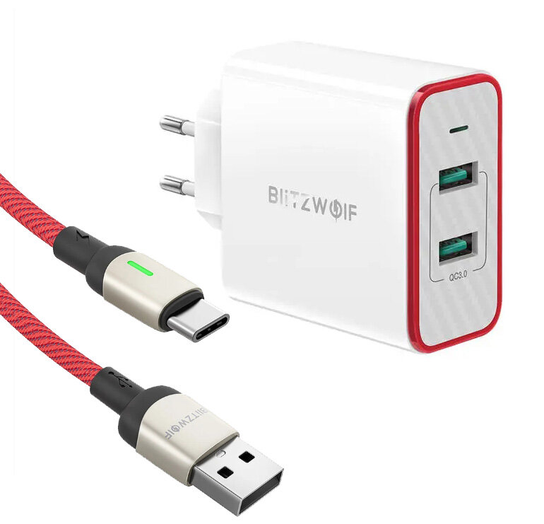 

BlitzWolf® BW-PL3 36W QC3.0 Dual Ports USB Charger EU Adapter with BW-TC21 6.6ft 3A LED Indicator USB Type-C Fast Chargi