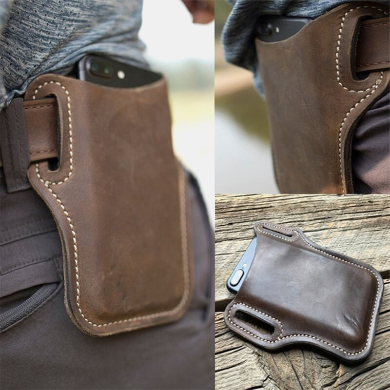 Ekphero Men Vintage Casual Genuine Leather Fanny Pack 6.3/7.2 inch Phone Bag Waist Bag Pouch Leather Belt Bag Purse