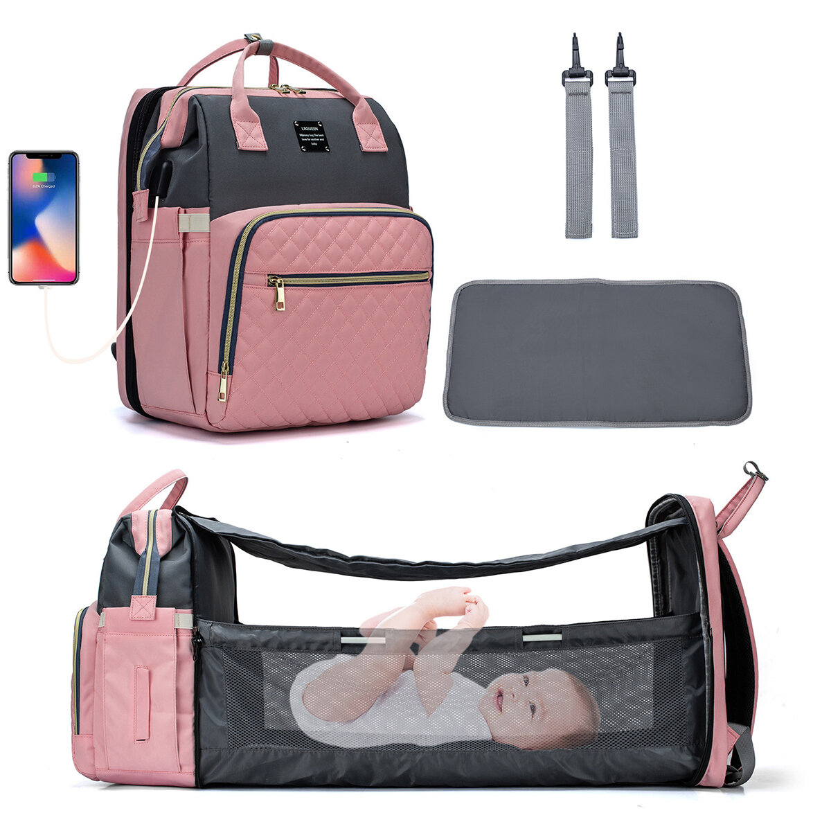 

Large Capacity Diaper Bag Backpack Multi-function Baby Bed Bags Nursing Handbag Stroller Bag with Hooks Bag