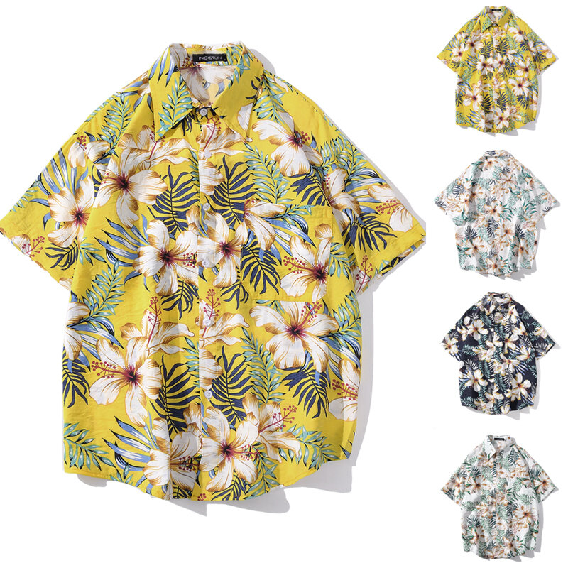 Outdoor Men Hawaiian Camicia Manica corta Stampa floreale Chic Risvolto Camisas larghi Hombre Streetwear Beach Casual Camicias