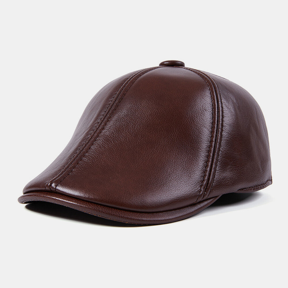 Men Earflap Hat Cowhide Dome Short Brim Ear Protection Windproof Berets Painter Hat