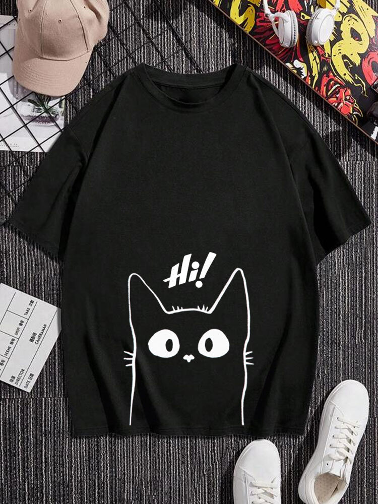 

Mens Cartoon Line Cat Print Crew Neck Short Sleeve T-Shirts