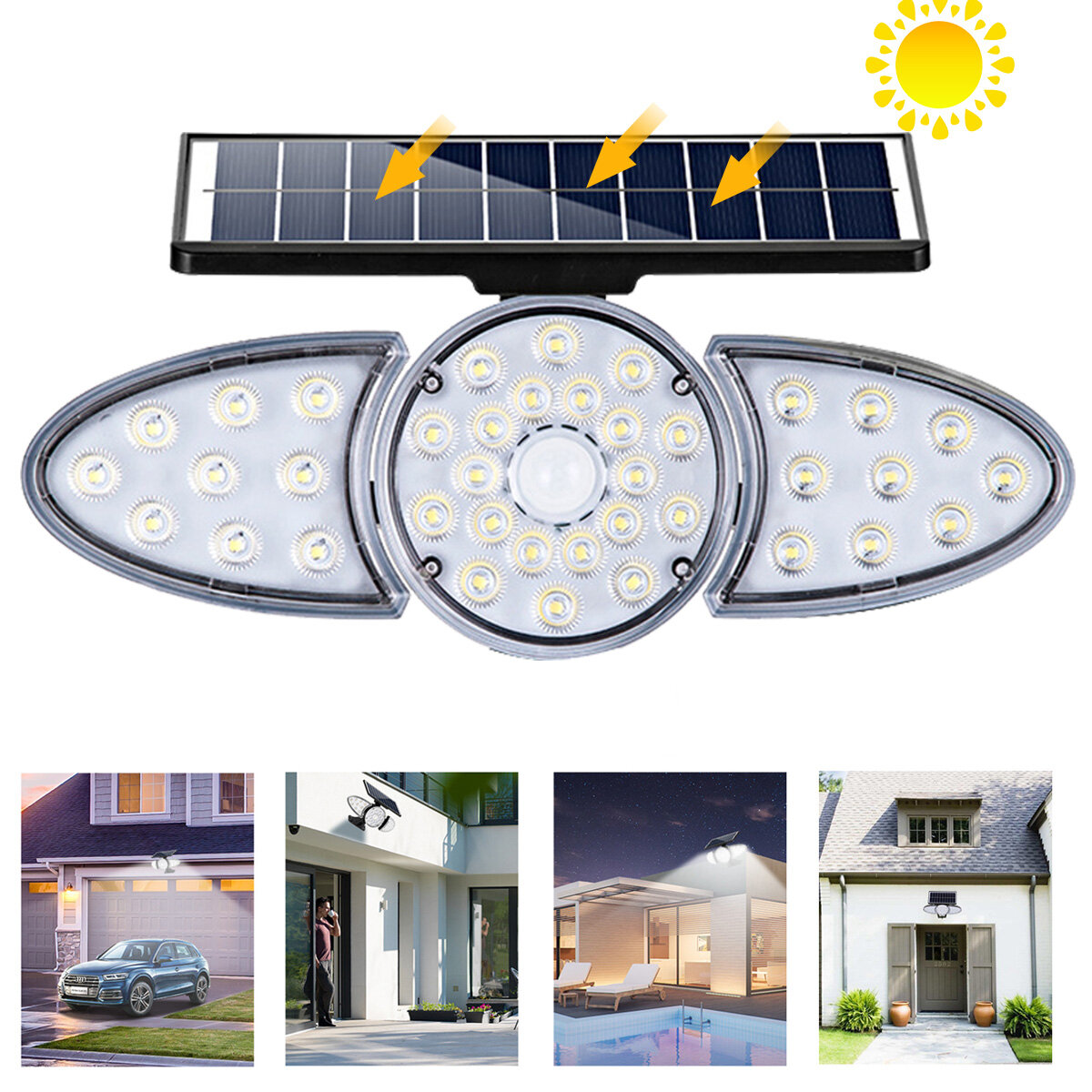 LED太陽光壁掛けライト調節可能なヘッドIP65防水超明るいボディセンサーライトソーラースポットライト屋外庭園用。