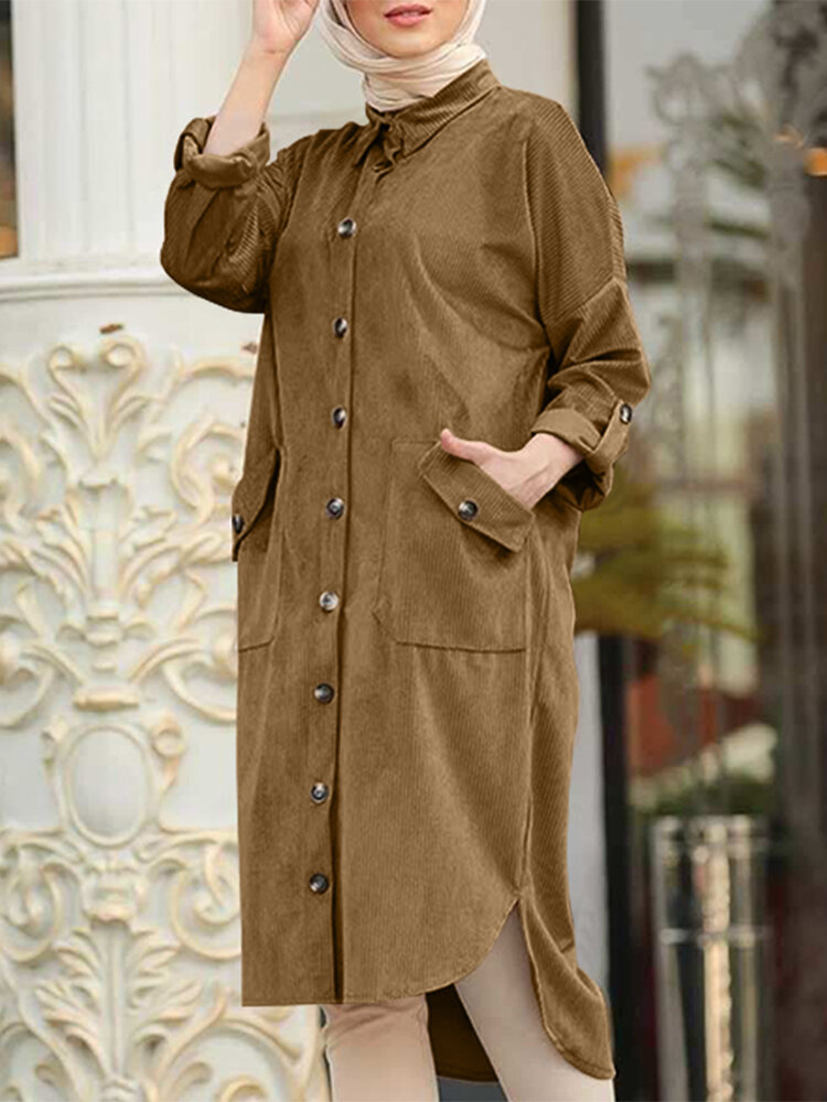 Women Corduroy Solid Moslem Style Collared Raglan Button Front High Low Dress
