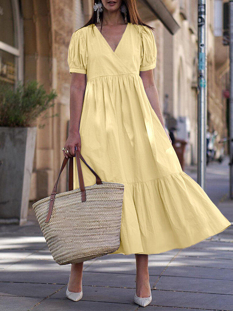 

Solid Color V-neck Puff Sleeve Patchwork Pleated Maxi Dress