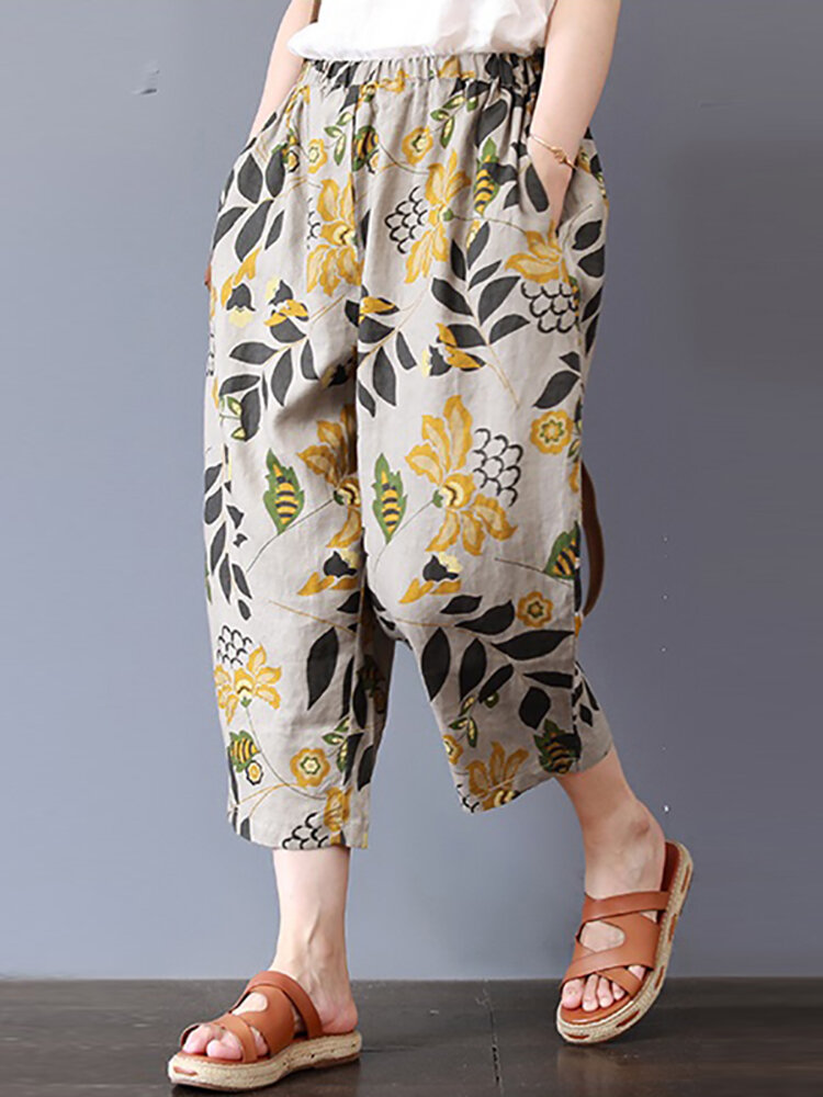 Vintage dames bloemenprint elastische taille broek met zakken