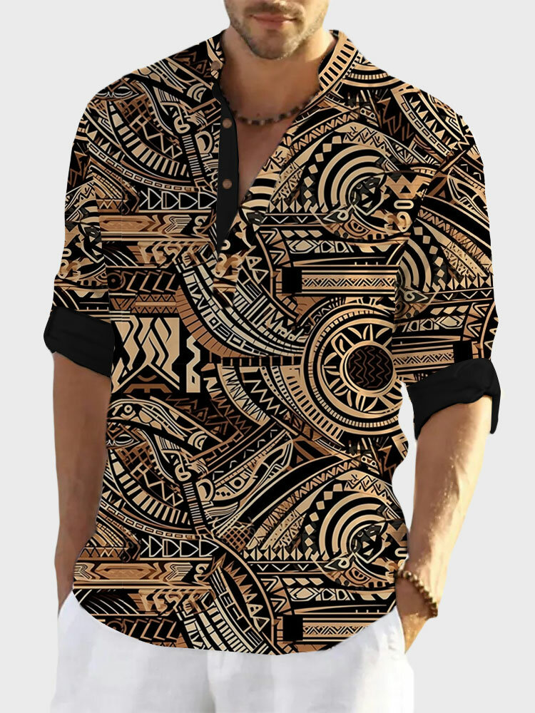 

Mens Ethnic Totem Print Half Button Long Sleeve Henley Shirts