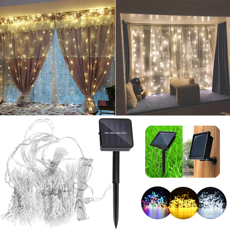 Solar Powered Waterproof Two Installations 300 LEDs Fairy Curtain String Light For Christmas