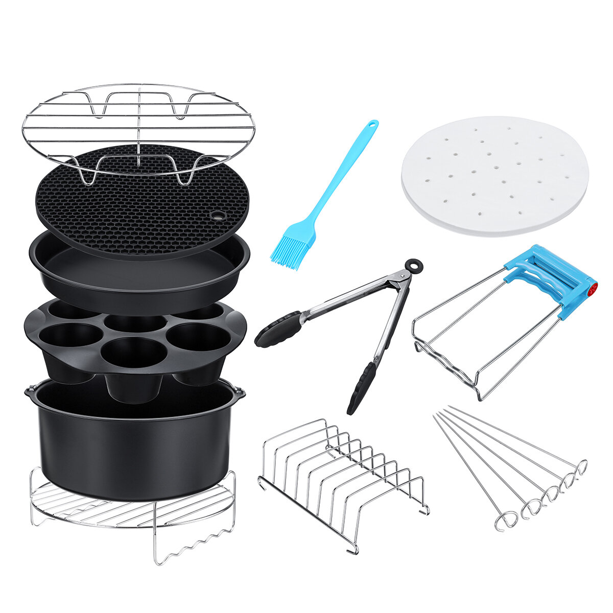 

9 Inches 115 Pcs Set Home Kitchen Healthy Barbecue Baking Air Fryer Accessories With Cake Barrel Pizza Pan Skewer Rack