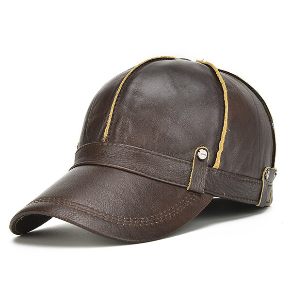

Mens Genuine Leather Warm Baseball Cap With Ears Flaps Adjustable Thickened Vintage Hat