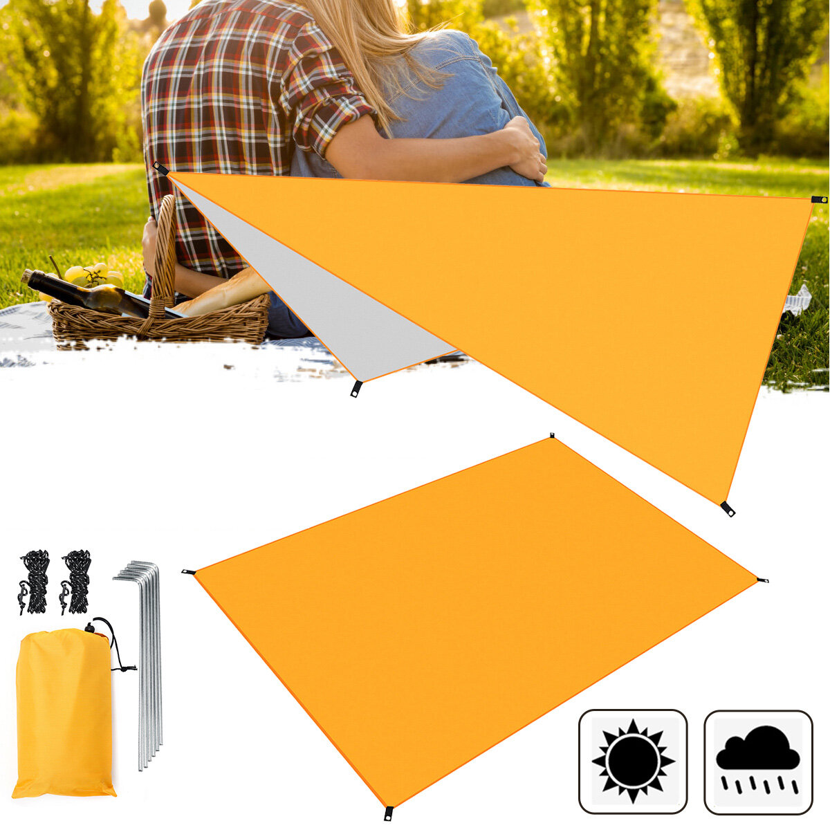 Разворачивающийся навес для палатки из оранжевого влагостойкого материала 210D Oxford, предназначенный для защиты от дождя и солнца, а также как коврик для пикника на открытом воздухе во время кемпинга и путешествий.