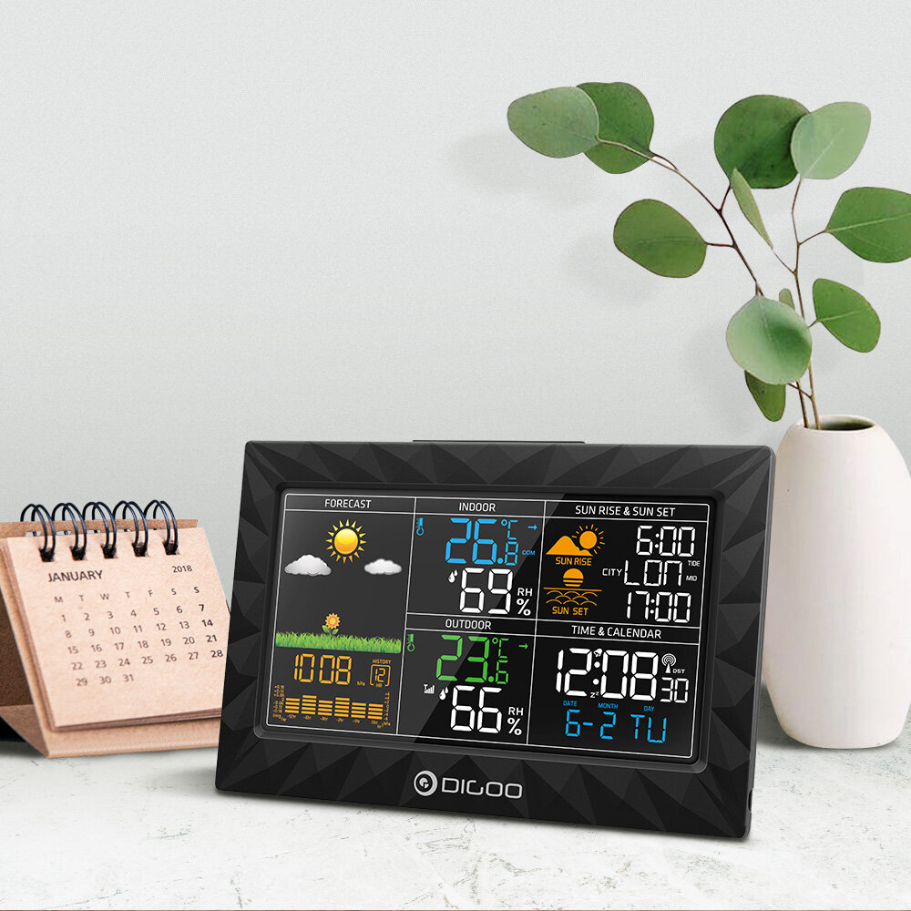 DIGOO DG-TH8988 3CH LCD Color Weather Station + Outdoor Remote Sensor Thermometer Humidity Snooze Clock Sunrise Sunset C