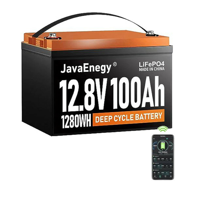 [US Direct] JavaEnegy 12V 100Ah аккумулятор Lifepo4 с функцией Bluetooth&APP Monitor и подогревом, встроенный 100A BMS батарея фосфата железа-лития для 12V 24V 48V солнечного запаса энергии, электротранспорта, катера. Идеально подходит для катания на лодке с электромотором, кемпера, солнечной/ветровой системы.