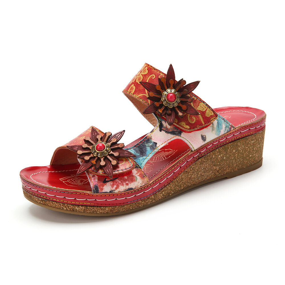 

Socofy Genuine Leather Comfy Halcyon Beach Vacation Bohemian Ethnic Floral Decor Wedges Sandals