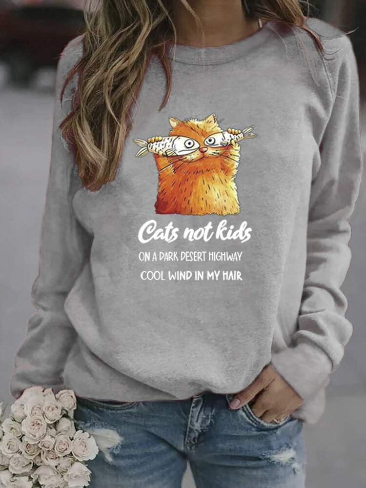 Women Funny Cartoon Cat Printed Pullover Long Sleeve Casual Sweatshirts