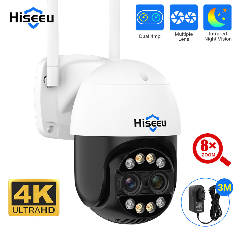 Hiseeu 4K 4MP+4MP Dual Lens Wifi PTZ IP Camera 2.8+12mm 8X Zoom CCTV Video Surveillance Camera Color Night Vision Ai Human Cam