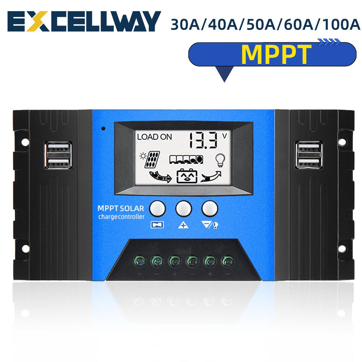 EXCELLWAY 30/40/50/60/100A MPPT Solar Controller LCD Solar Charge Controller Accuracy Dual USB Solar Panel Battery Regul