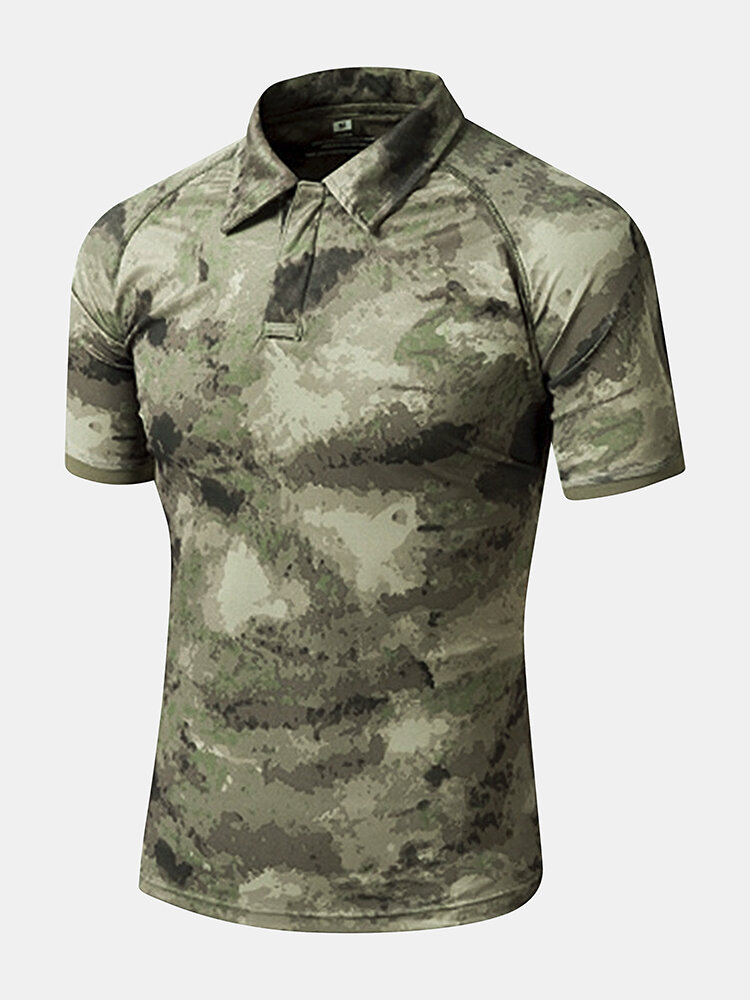 Men Camo Print Business Half Buttons Soft Breathable Work Polos Shirts