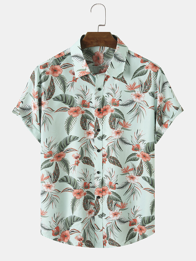 Men Floral Print Lapel Collar Front Buttons Curved Hem Regular Shirts