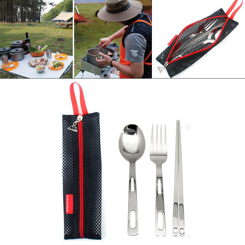 3 Adet Taşınabilir Outdoor Kampçılık Piknik Seti Sofra Çanta ile Paslanmaz Çelik Çatal Kaşık Çubuklarını