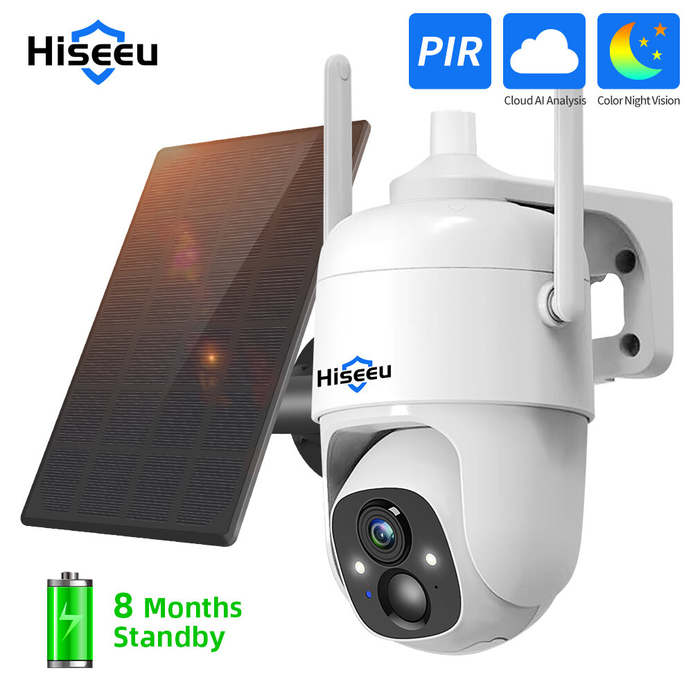 Hiseeu 1080P Cloud AI WiFi Video Security Surveillance Camera Rechargeable Battery with Solar Panel Outdoor Pan & Tilt W