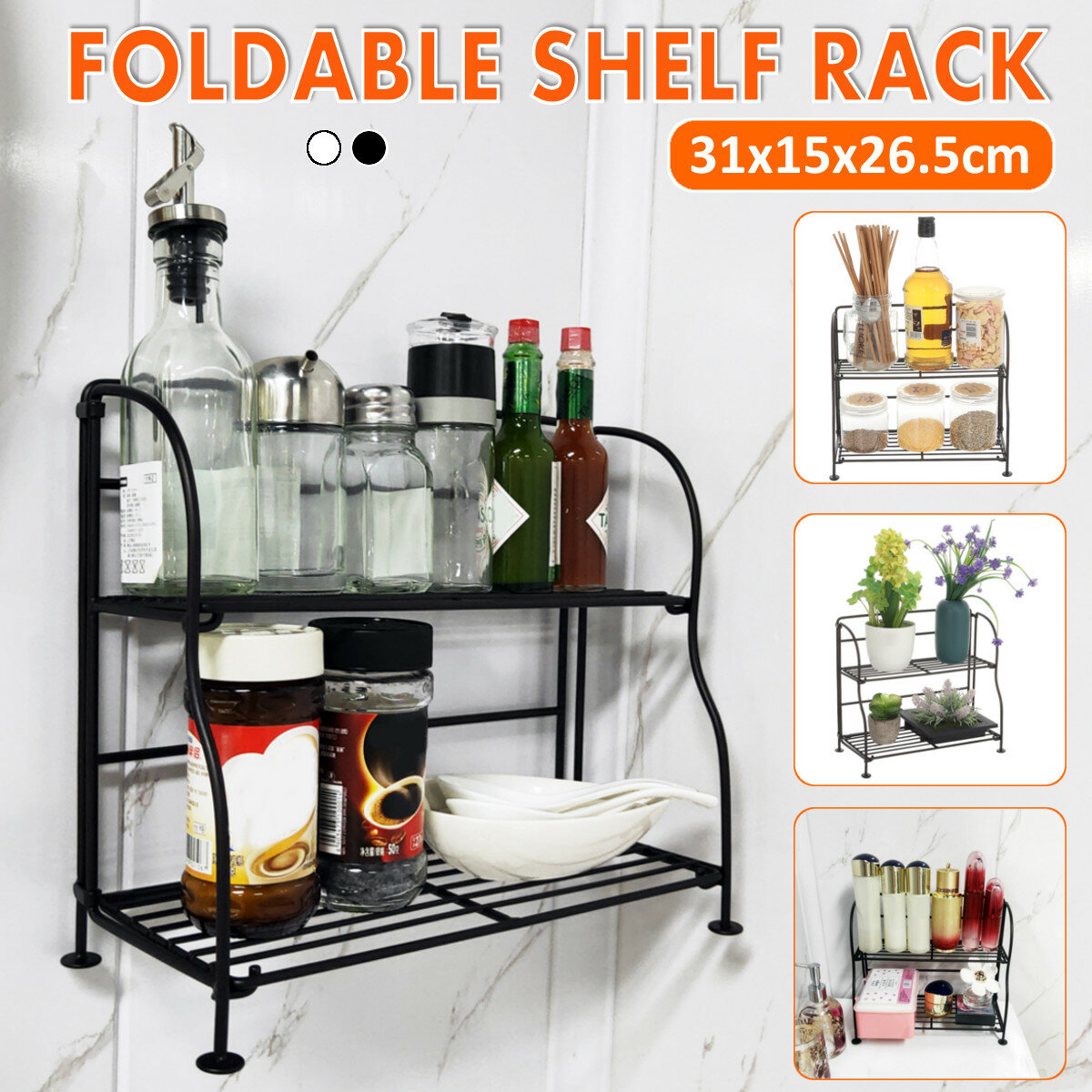 2 Tier Folding Spice Storage Rack Seasoning FlowerShelf Holder Kitchen Bathroom Stand