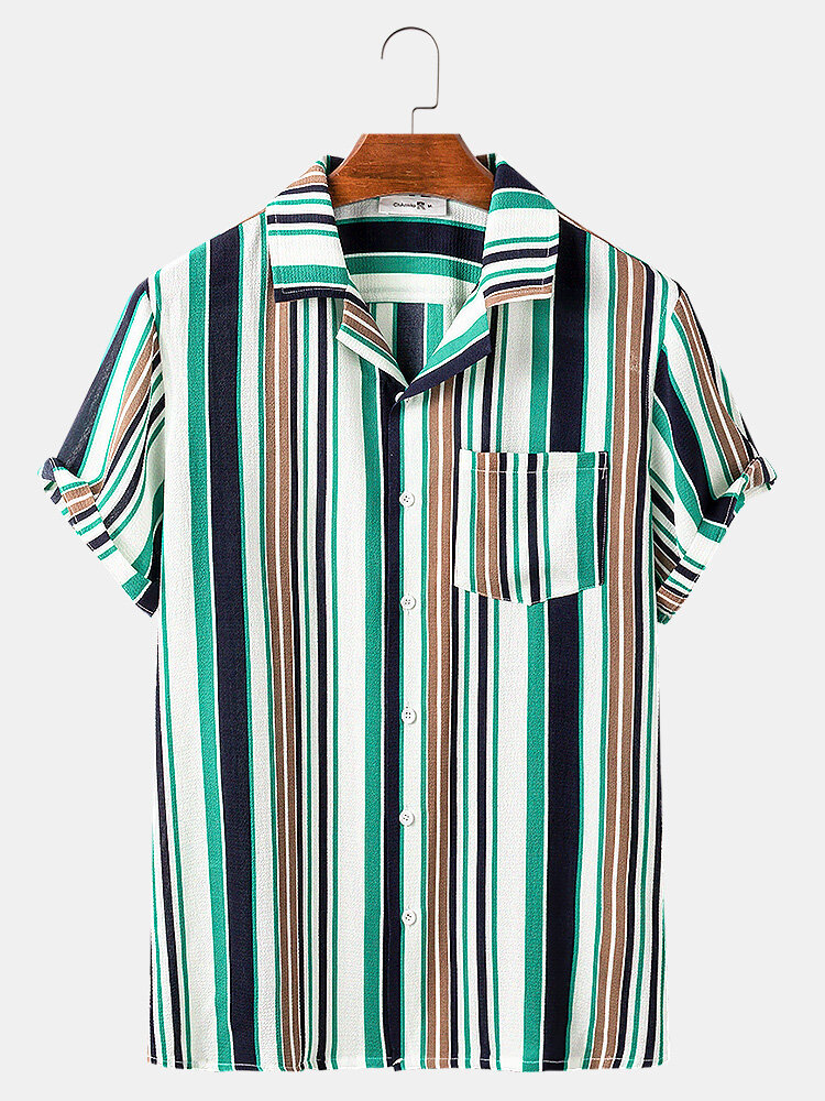 

Holiday Style Vertical Stripes Revere Collar Pocket Mens Shoet Sleeve Shirts