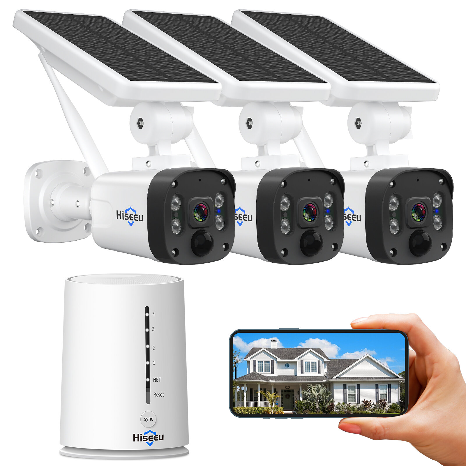 Hiseeu Wireless Security Camera System Outdoor 2K Solar Camera Wire-Free Battery Powered Home Camera 2-Way Audio PIR Detection IP66 Waterproof Work with Alexa