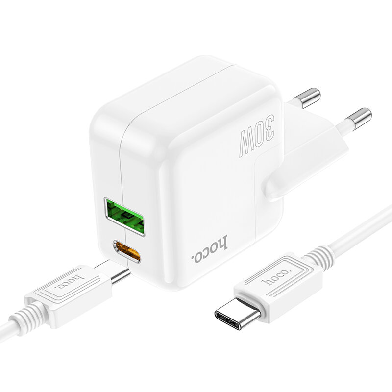 

HOCO C111A Dual Port PD 30W QC3.0 Type-C + USB Fast Charging Wall Charger Adapter EU Plug With 1m Long Type-C to Type-C