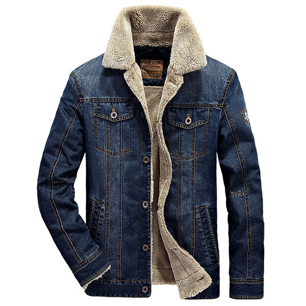 mens winter thick warm fleece multi pocket denim blue jacket at Banggood