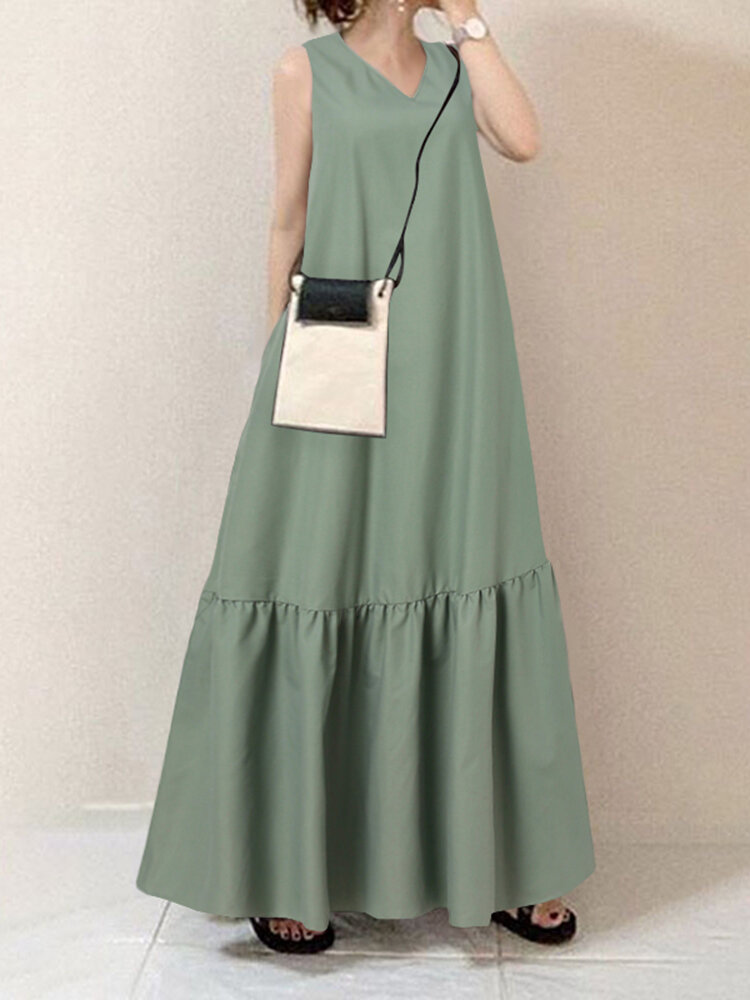 Solid Color V-neck Sleeveless Ruffles Hem Pleated Maxi Dress With Pocket