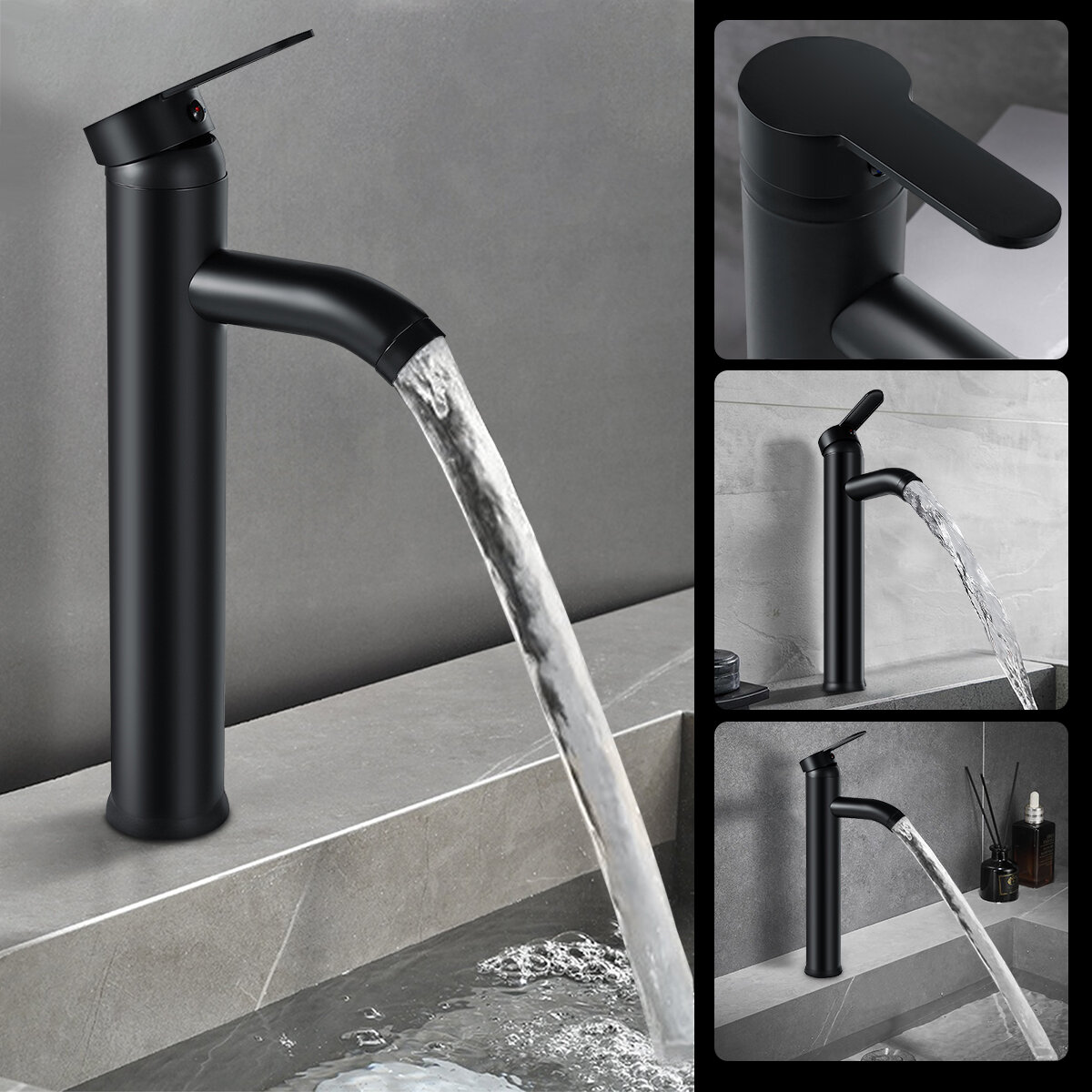 

Black Bathroom Faucet Hot Cold Water Sink Mixer Tap Stainless Steel Paint Basin Faucets Single Hole Tapware