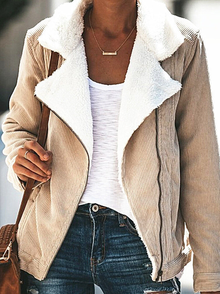 

Women Faux Shearling Lined Corduroy Pocket Solid Zip Front Jacket