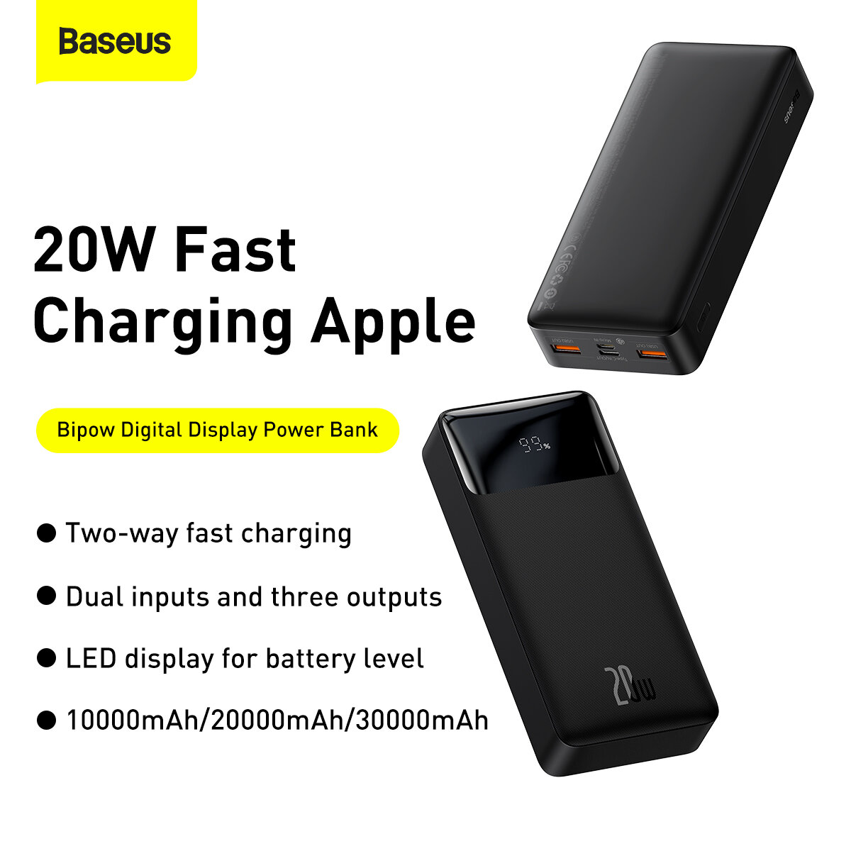 Baseus PPBD20K 20000mAh 20W PD QC Bipower Digital Display Two-Way Fast Charging Power Bank for Samsung Galaxy S21 Note S20 ultra Huawei Mate40 P50…