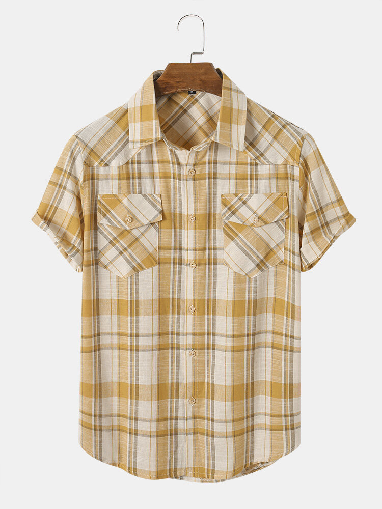 Men Cotton Plaid Stitching Double Pocket Short Sleeve Lapel Collar Soft Lifestyle Shirts