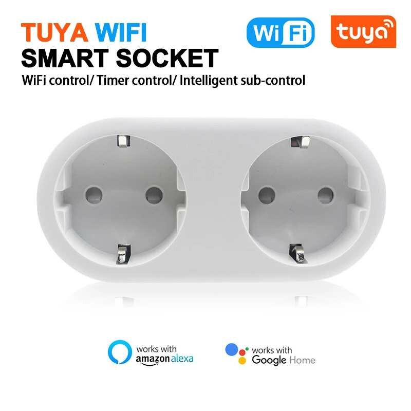 

2 In 1 Tuya WIFI Smart Socket Dual Outlet EU Plug Voice Control Wireless Smart Socket APP Remote Control Work with Alexa