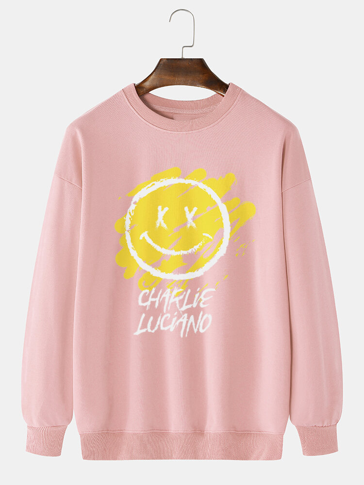 Heren Letter & Graffiti Smile Print Pullover Katoenen Sweatshirts Met Lange Mouwen