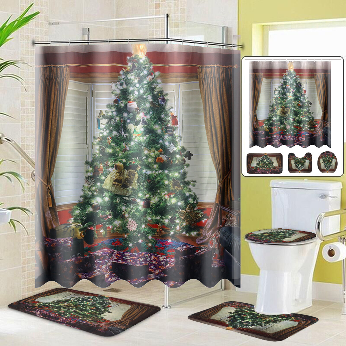 Merry Christmas Tree Shower Curtain Bath Pad Pedestal Rug Lid Toilet Cover Mat for Bathroom 2020 Christmas Decoration