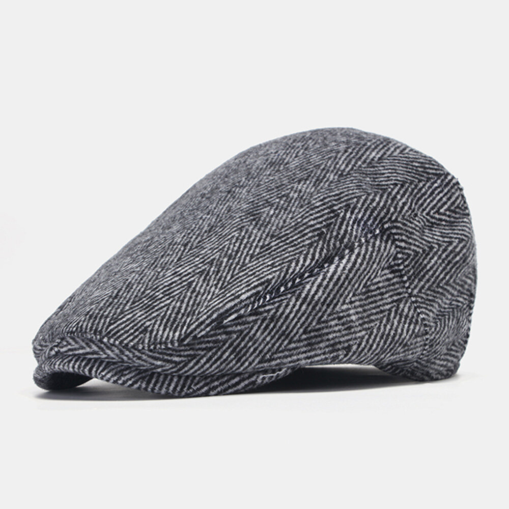 Men Short Brim Stripe Pattern Berets Retro Casual Sunshade Warm Adjustable Forward Hat Flat Hat Cabb