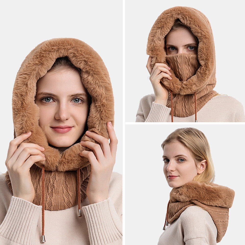 Women Outdoor Riding Hood Plush Warm Neck Protection Ear Protection Bib One-piece Cold-proof Headgea