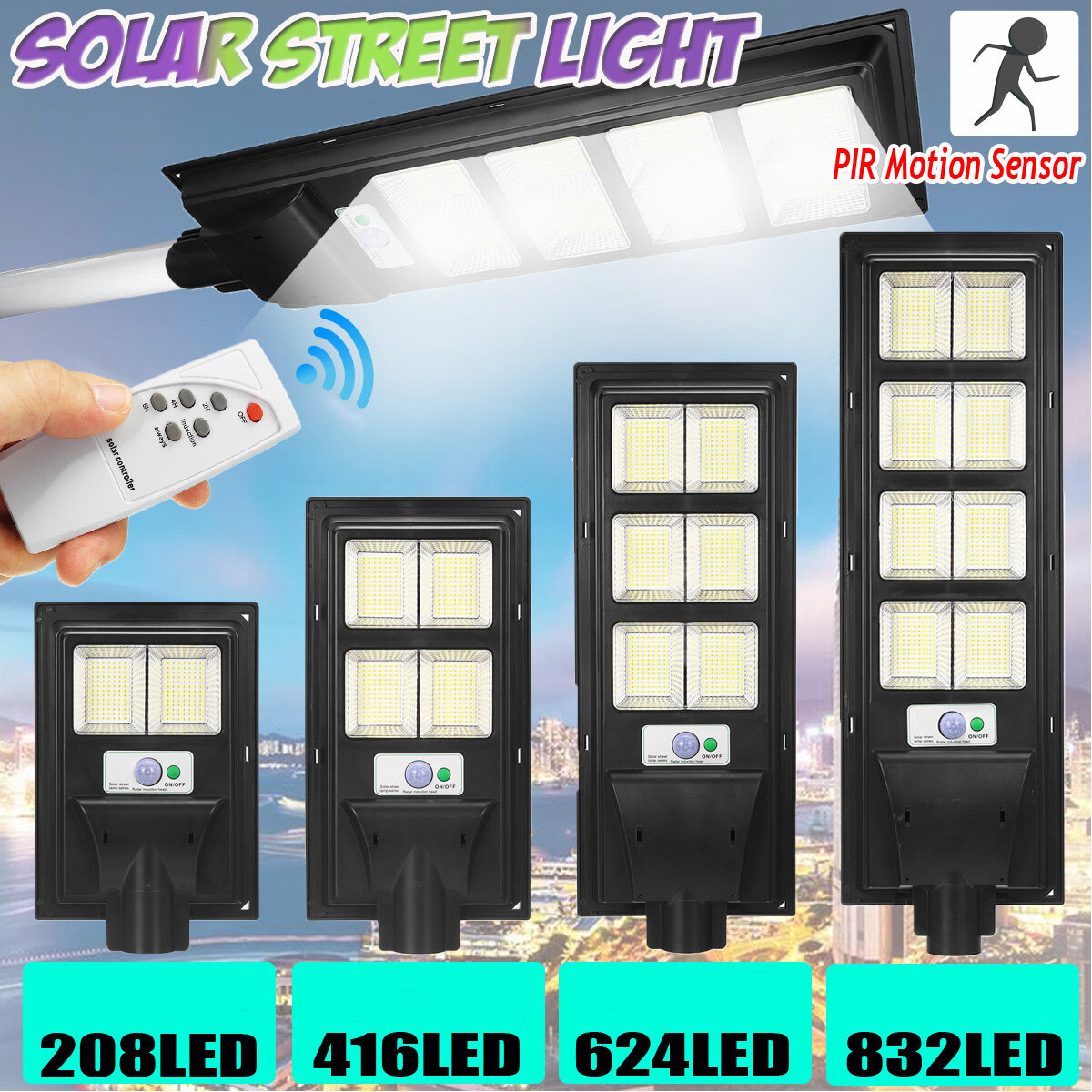 208/416/624/832LED Solar Powered Wall Street Light PIR Motion Sensor Dimmable Lamp + Remote Control