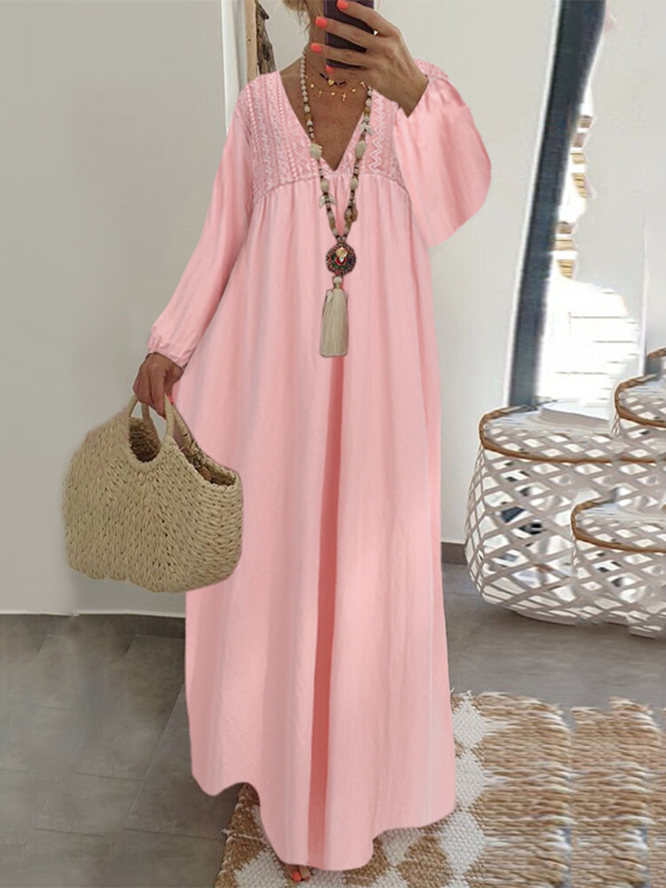 Lace Stitching V-neck Long Sleeve Elastic Cuffs Loose Casual Maxi Dress