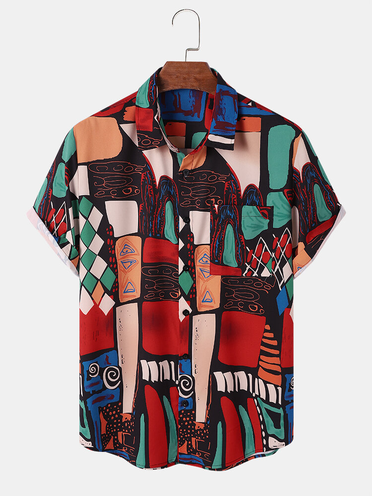 

Мужские рубашки с коротким рукавом в этническом стиле с абстрактным геометрическим принтом Colorful